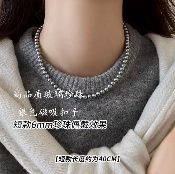 Aobai Magnetic Buckle Round Pearl Necklace Female Fashion Celebrity Neck Chain Temperament Design Advanced Sense Collarbone Chain