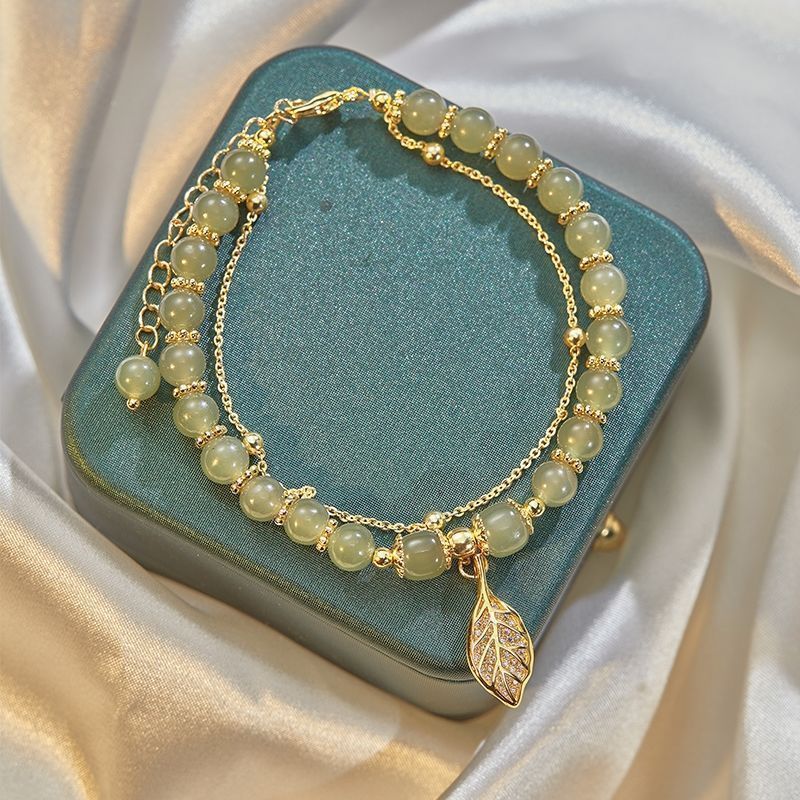 Golden Branch Jade Leaf Bracelet for Mom Birthday Gift Mother's Day Goddess Day Gift Niche Design Versatile Bracelet for Women