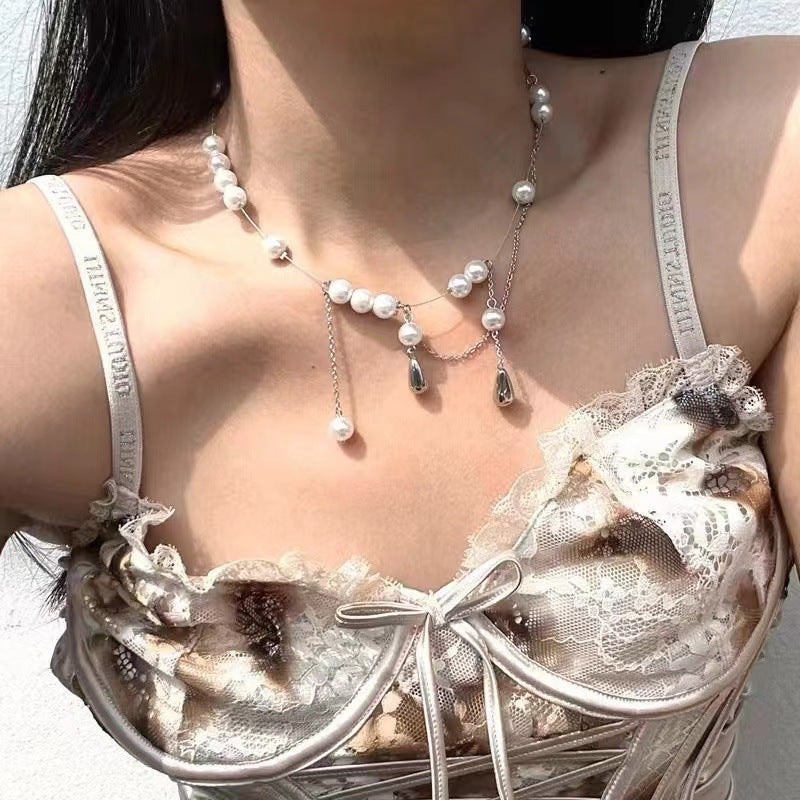 Vintage Baroque Temperament Chocker Collarbone Chain Niche Fashion Cross Pearl Stacked Multi-layer Necklace