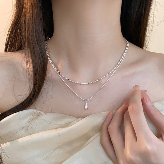 925 Sterling Silver Water Drop Double-layer Necklace Women's Light Luxury Niche Design Ins High-end Sense Simple Personality Stacked Collarbone Chain