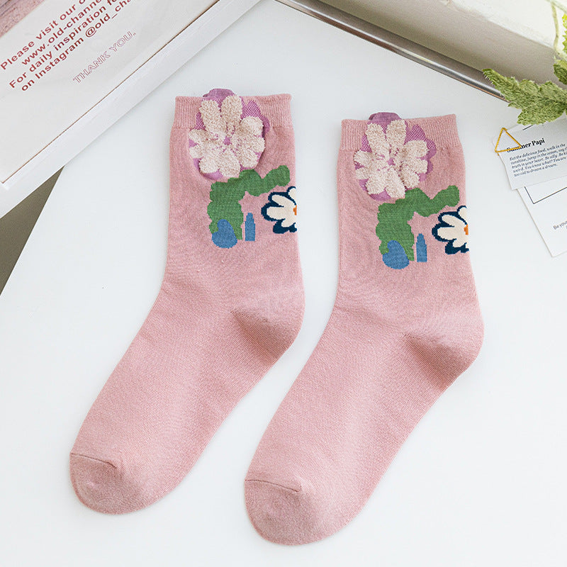 Socks Women's Pure Cotton Spring and Autumn Tube Three-dimensional Flower Cotton Socks Small Flower Japanese Trend Internet Celebrity Casual Women's Socks Wholesale