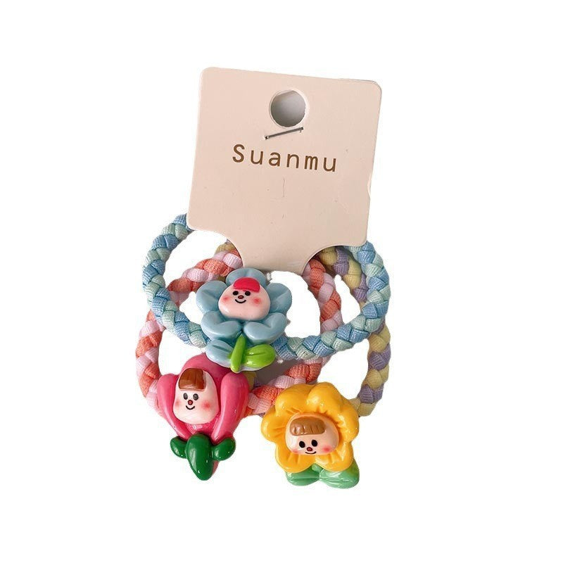 Spring New Children's Colorful Braided Headband Little Girl Ponytail Does Not Hurt Hair Cute Cartoon Flower Rubber Band