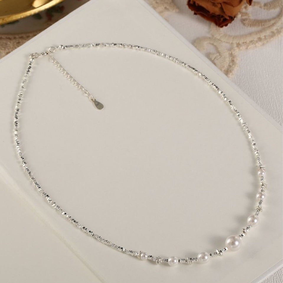 Pearl Necklace Women's Premium Broken Silver Collarbone Chain Ins Niche Design Birthday Gift for Girlfriend Silver Plating