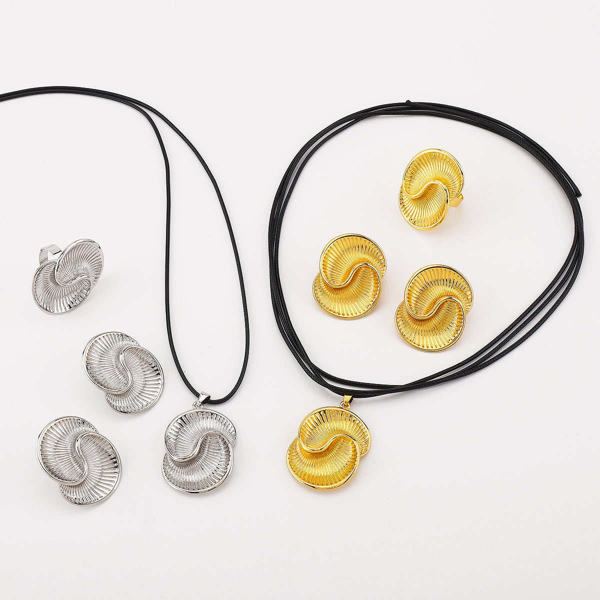 European and American Fashion Simple Design Retro Geometric Alloy Earrings, Personalized Spiral Texture Ring Necklace