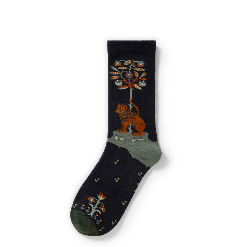 Oil Painting Socks Women's French Retro Ins Tide Autumn and Winter Abstract Tall Tube Creative Combed Cotton Women's Medium Tube Socks