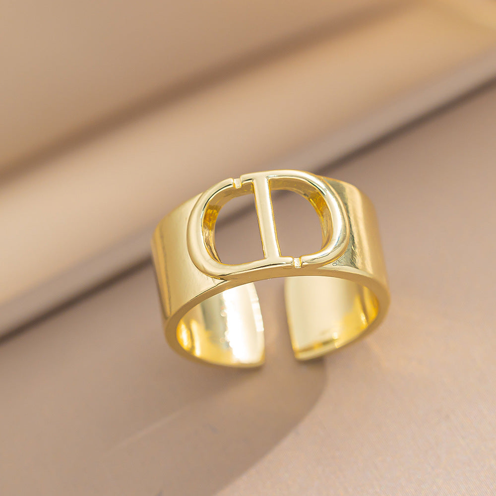 Wide Titanium Steel Ring C-shaped Opening Size Adjustable Letters Simple Fashion Light Luxury High Sense Design Europe and America