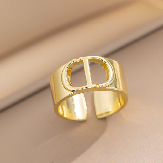 Wide Titanium Steel Ring C-shaped Opening Size Adjustable Letters Simple Fashion Light Luxury High Sense Design Europe and America