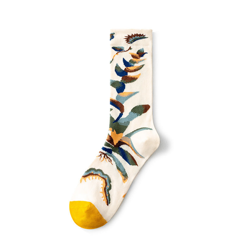 Oil Painting Socks Women's French Retro Ins Tide Autumn and Winter Abstract Tall Tube Creative Combed Cotton Women's Medium Tube Socks