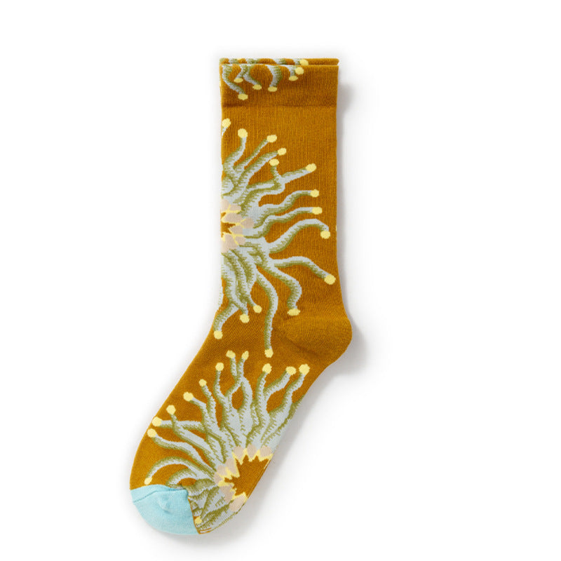 Oil Painting Socks Women's French Retro Ins Tide Autumn and Winter Abstract Tall Tube Creative Combed Cotton Women's Medium Tube Socks