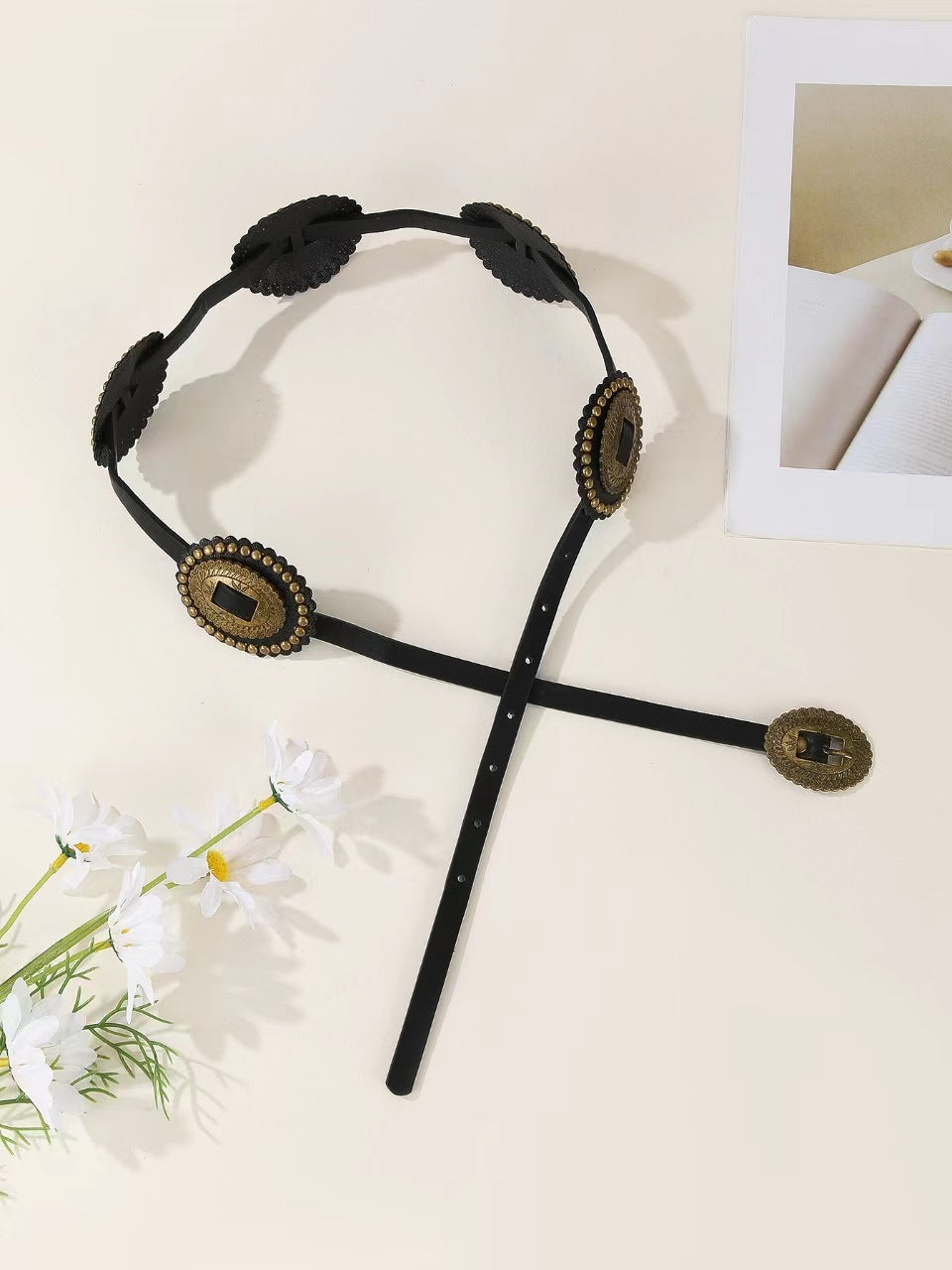 European and American Retro Street Fashion Hollow Ring PU Leather Splicing Characteristic Waist Belt Versatile Bead Women's Belt