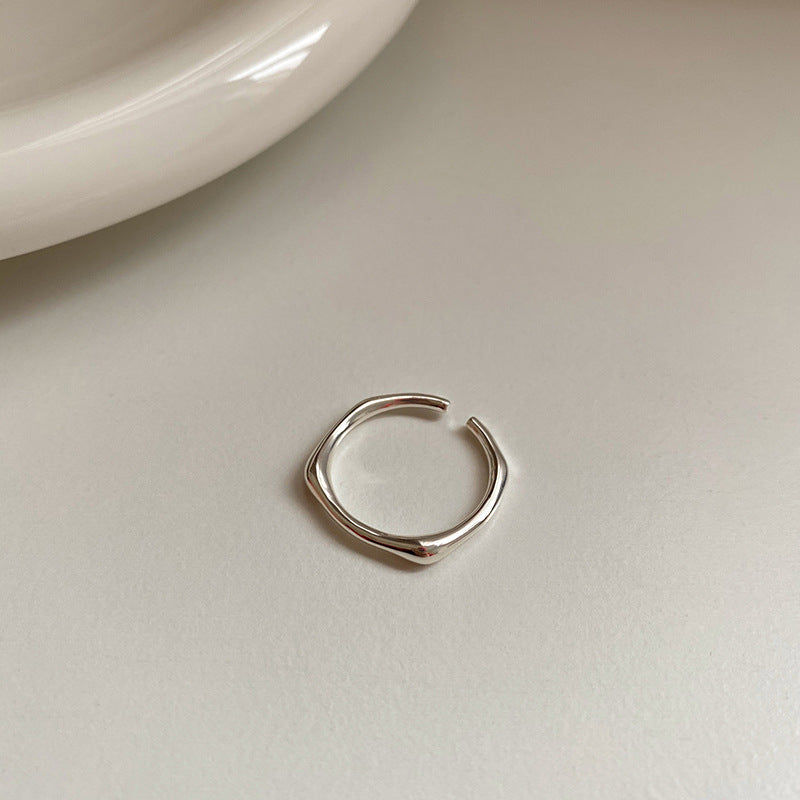 Korean Version of S925 Sterling Silver Niche Design Irregular Simple Plain Ring Female Stacking Wearing Hipster Ring Cold Wind
