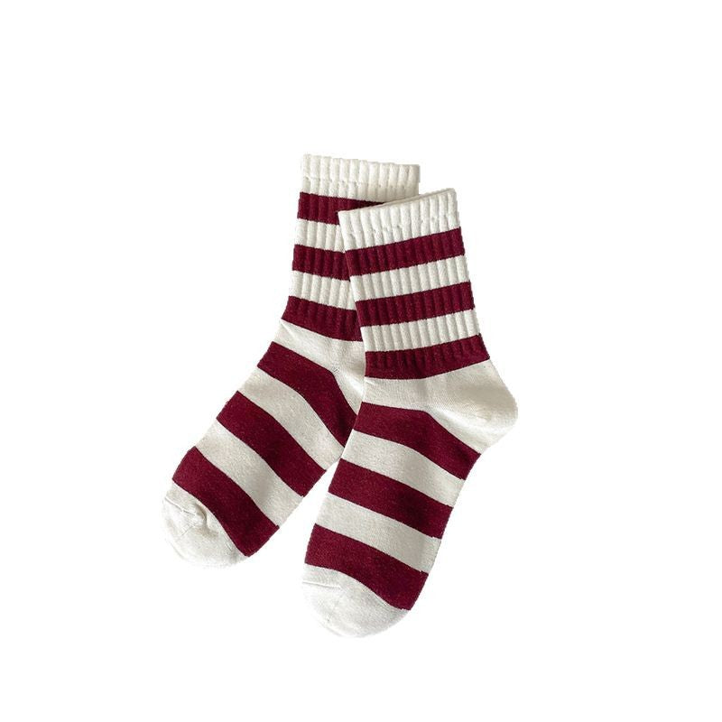 Ankola Red Socks Women's Medium Tube Socks Spring and Autumn Embroidery Bow Cotton Socks Versatile Striped Stockings Striped Women's Socks