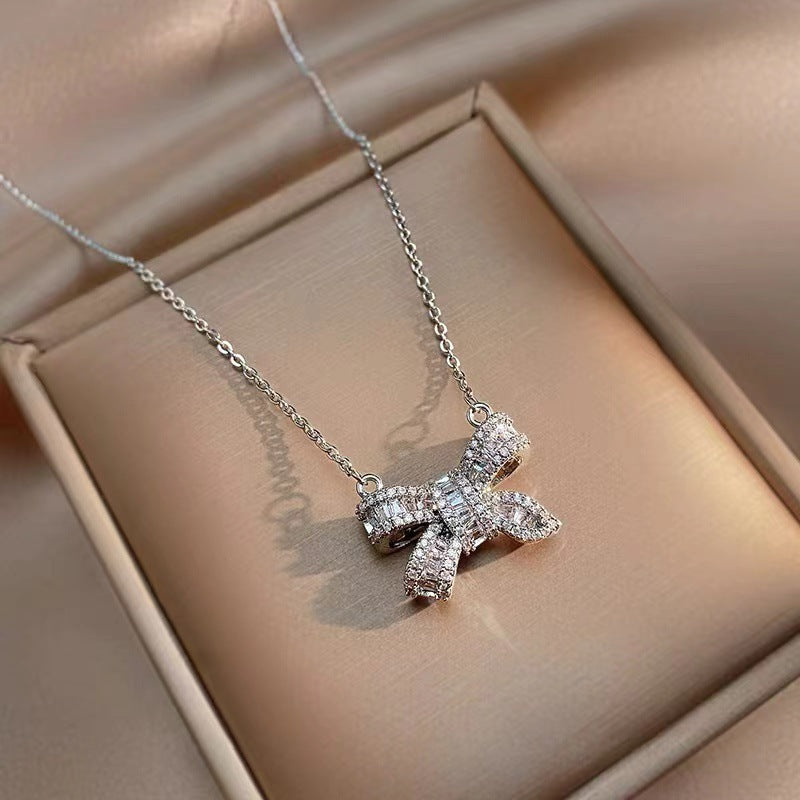 Bow Necklace Female, Titanium Steel Crystal New Female Light Luxury Niche Ins Cold Wind Collarbone Chain Does Not Fade