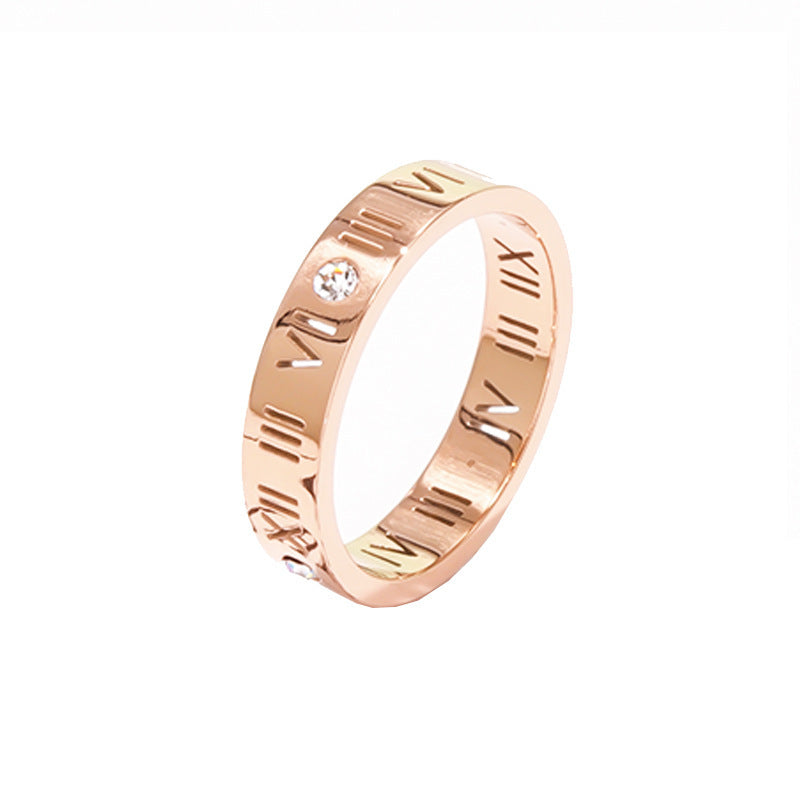 European and American New 18k Rose Gold Titanium Steel Roman Numerals Ring, Diamond-encrusted Hollow Couple Men's and Women's Letter Rings