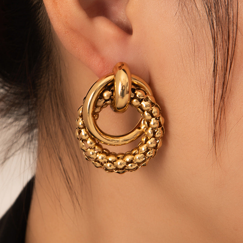 Exaggerated Titanium Steel Round Earrings Gold 18K Gold Light Luxury Earrings Fashion High Sense Love Earrings