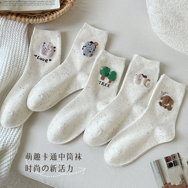 Socks Women's Idea Yarn Cute Cartoon Women's Medium Tube Socks Graffiti White Spring and Autumn Versatile Boneless Confinement Socks