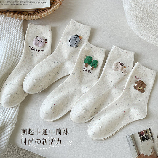 Socks Women's Idea Yarn Cute Cartoon Women's Medium Tube Socks Graffiti White Spring and Autumn Versatile Boneless Confinement Socks