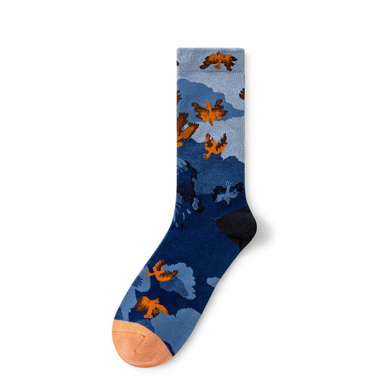 Oil Painting Socks Women's French Retro Ins Tide Autumn and Winter Abstract Tall Tube Creative Combed Cotton Women's Medium Tube Socks