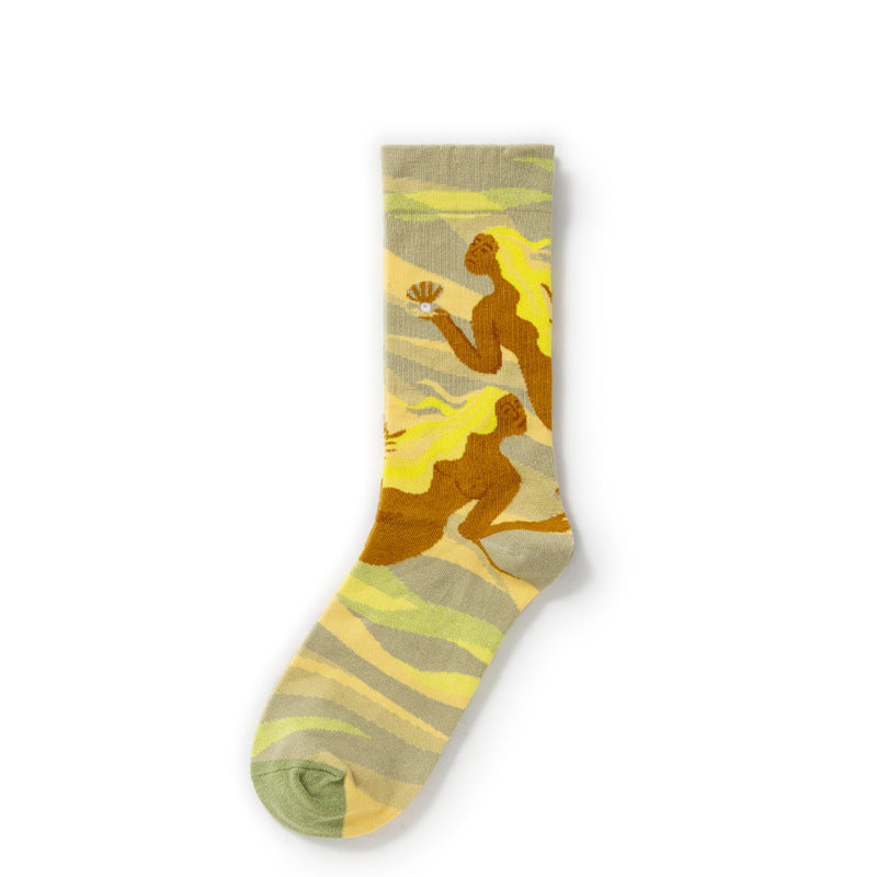 Oil Painting Socks Women's French Retro Ins Tide Autumn and Winter Abstract Tall Tube Creative Combed Cotton Women's Medium Tube Socks