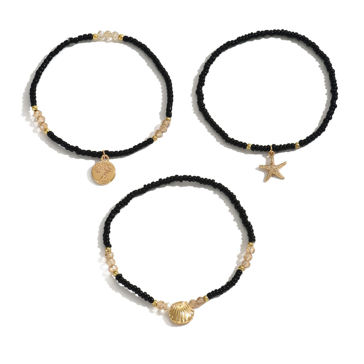 Bohemian Vacation Wind Alloy Starfish Scallop Peace Tree Pendant Colored Rice Bead Elastic Anklet Set