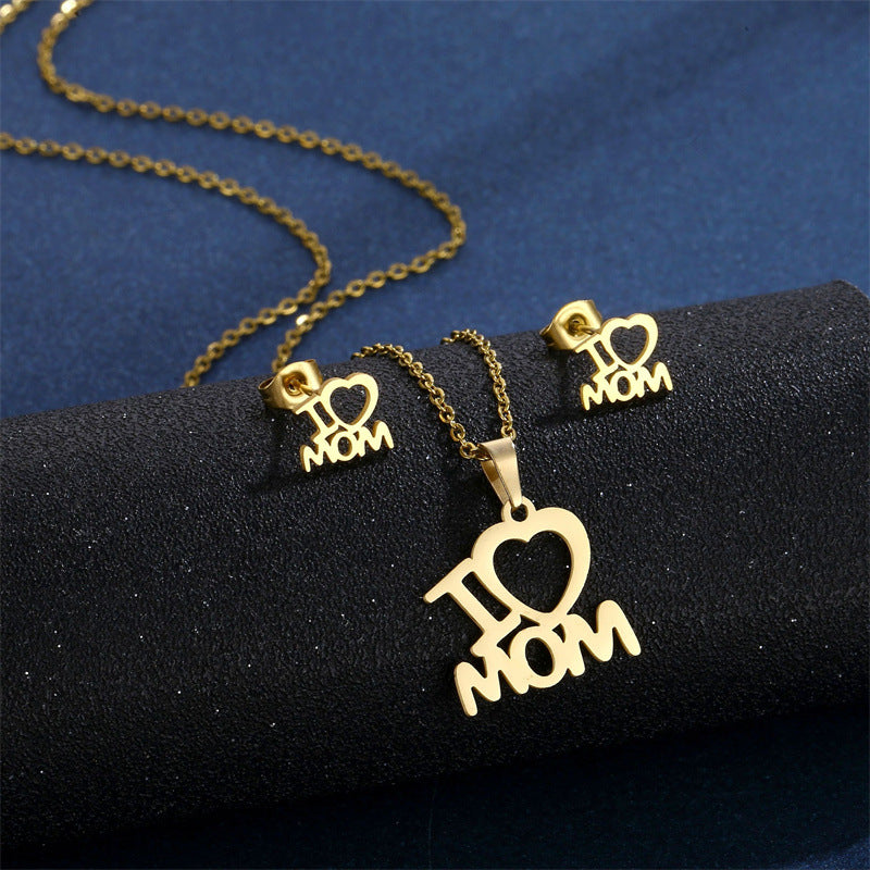 Mother's Day Necklace Female, Personalized Creative Mother Pendant Stud Earrings Set 18K Gold Hollow Collarbone Chain Wholesale