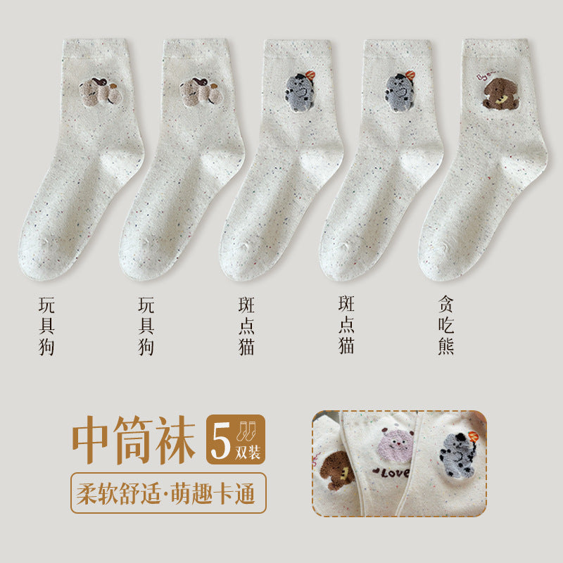 Socks Women's Idea Yarn Cute Cartoon Women's Medium Tube Socks Graffiti White Spring and Autumn Versatile Boneless Confinement Socks