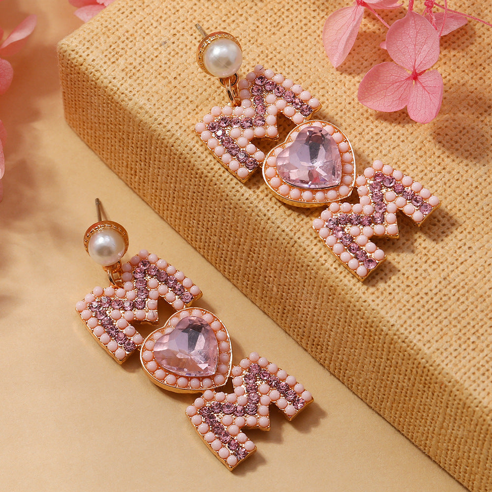 European and American Fashion Light Luxury Style Alloy Diamond MOM Love Letter Earrings Fashion Light Luxury Style Imitation Pearl Earrings Women