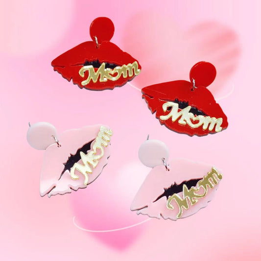 European and American Pink Lip Acrylic Earrings Women's High-end Personalized Earrings English MOM Mother's Day Earrings