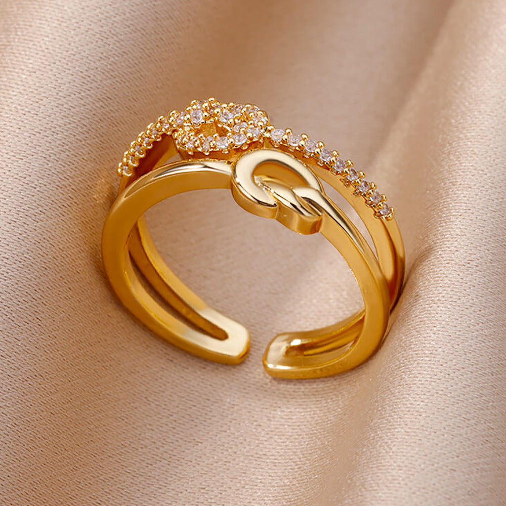 Women 18K Gold Plated Full Diamond Titanium Steel Non-Fading Opening Ring Zircon Leaf Ring