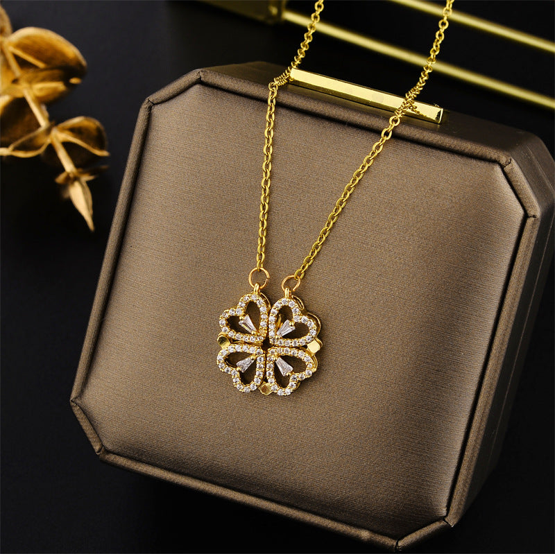 A Diamond Full of Small Hearts, A Woman Wearing A Four-leaf Clover Necklace Will Give Her Girlfriend A Titanium Steel Collarbone Chain Temperament Gift.