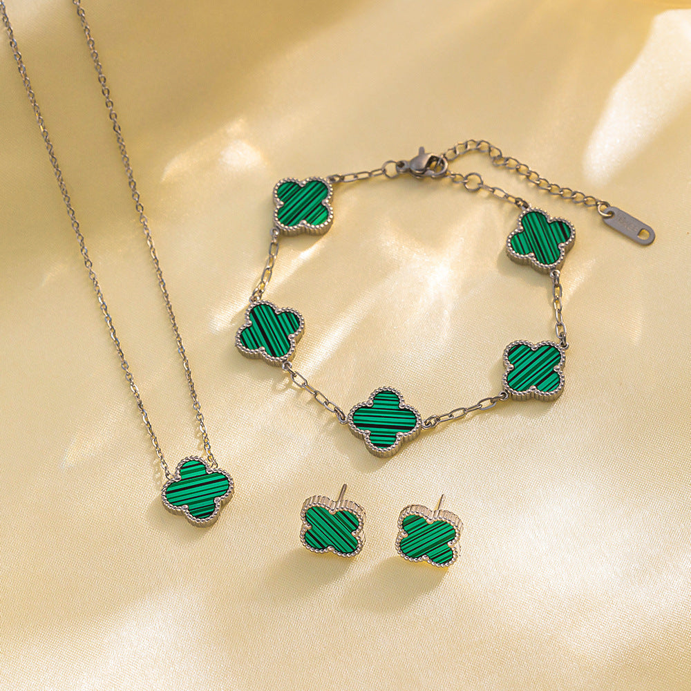 Four-leaf Clover Necklace 13MM Bracelet Stud Earrings Three-piece Set Versatile Lucky Four-leaf Clover Five-flower Bracelet Collarbone Chain Earrings
