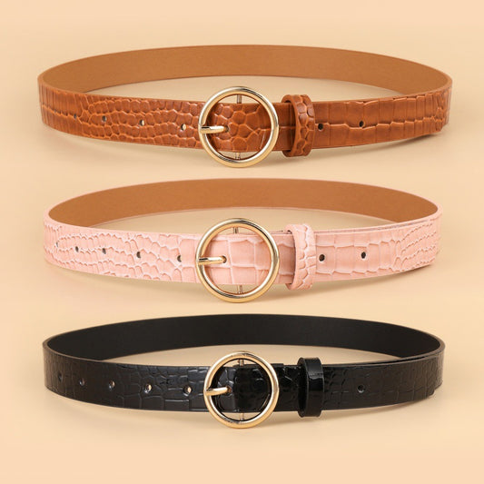 Korean Version of The New Crocodile Gold Pattern Round Buckle Belt Women's Decorative Pin Buckle Versatile Jeans Thin Belt Factory Direct Sales