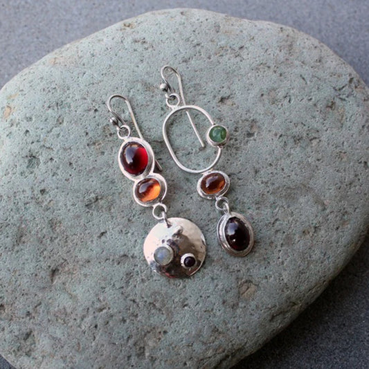 Vintage Colored Gemstone Personality Earrings Geometric Asymmetrical Handmade Earrings Ladies Earrings