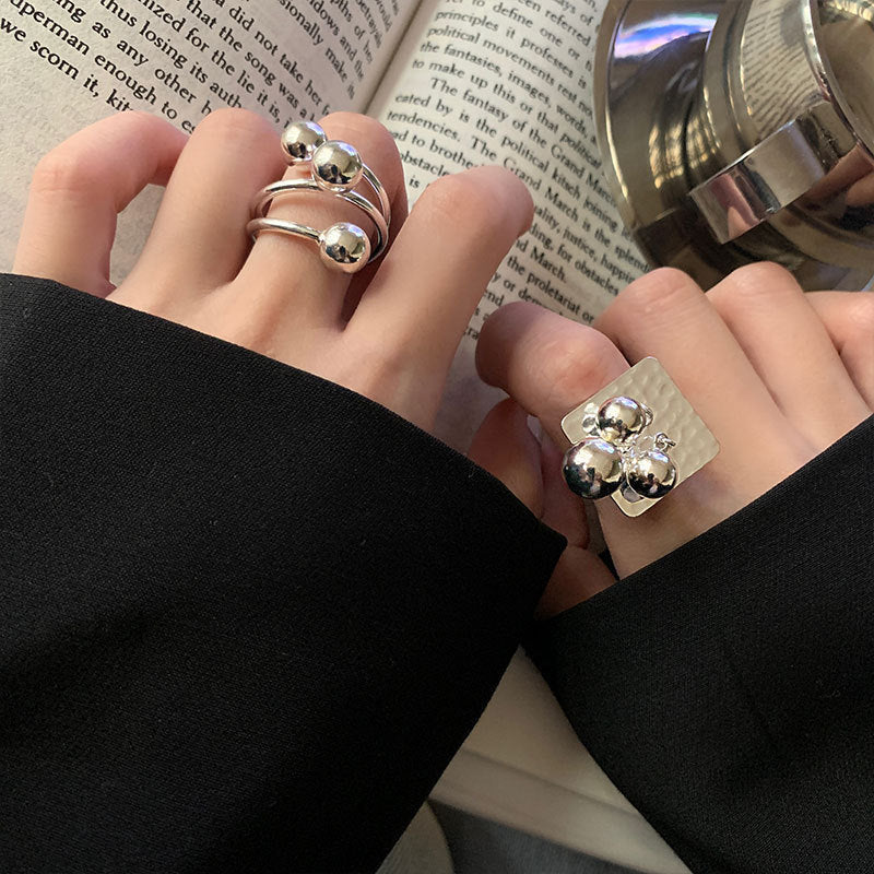 925 Sterling Silver Korean Version Ring Female Ins Niche Design Sense Exaggerated Personality Versatile Geometric Ball Light Pasta Ring