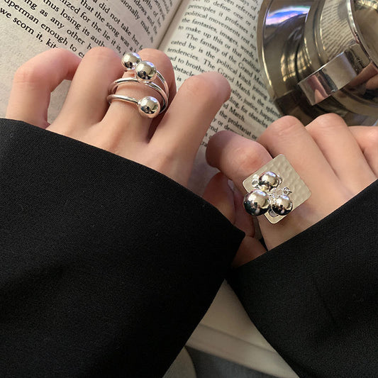 925 Sterling Silver Korean Version Ring Female Ins Niche Design Sense Exaggerated Personality Versatile Geometric Ball Light Pasta Ring