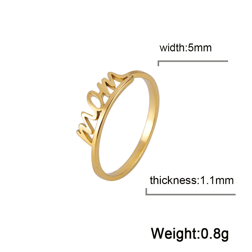 Mother's Day Gift 18k Real Gold Electroplating Non-fading Titanium Steel Cutting Letter MOM Stainless Steel Ring