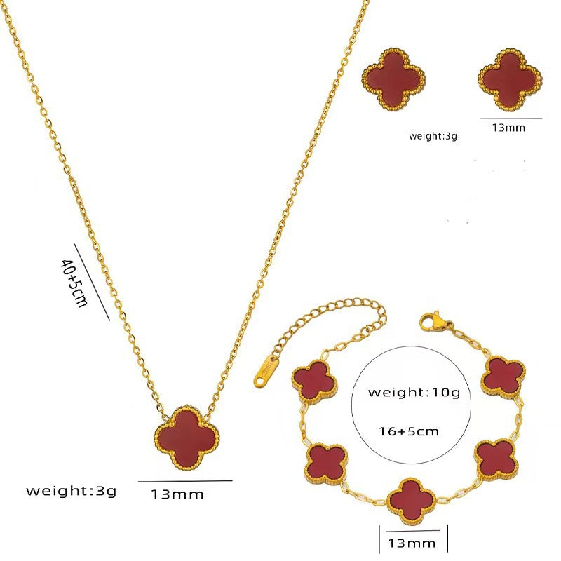 Four-leaf Clover Necklace 13MM Bracelet Stud Earrings Three-piece Set Versatile Lucky Four-leaf Clover Five-flower Bracelet Collarbone Chain Earrings