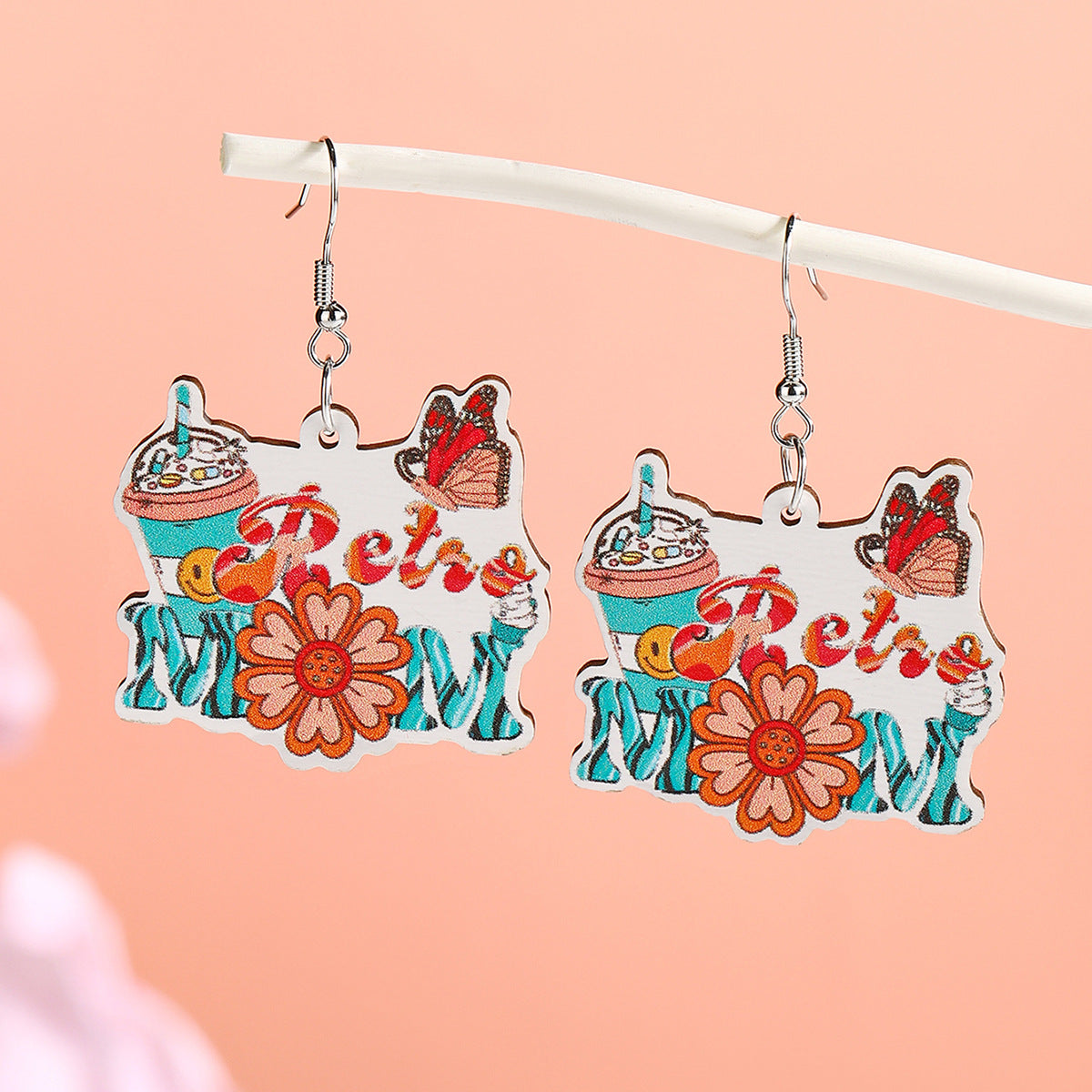 New Mother's Day Wooden Earrings Cartoon MOM Coffee Milk Tea Cup Earrings Flower Mom Kitchen Supplies Earrings