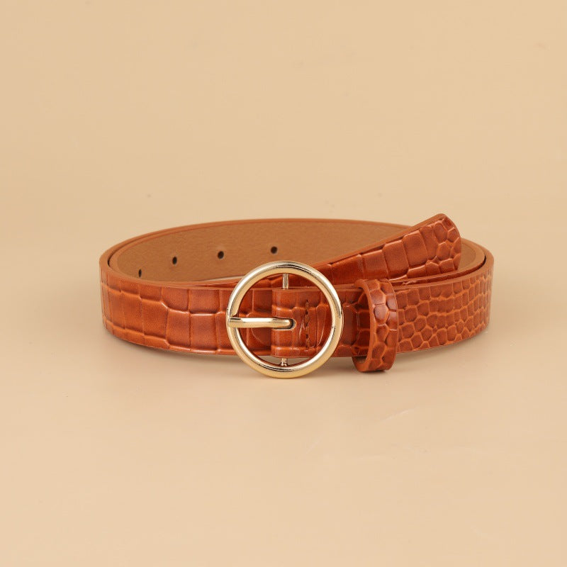 Korean Version of The New Crocodile Gold Pattern Round Buckle Belt Women's Decorative Pin Buckle Versatile Jeans Thin Belt Factory Direct Sales