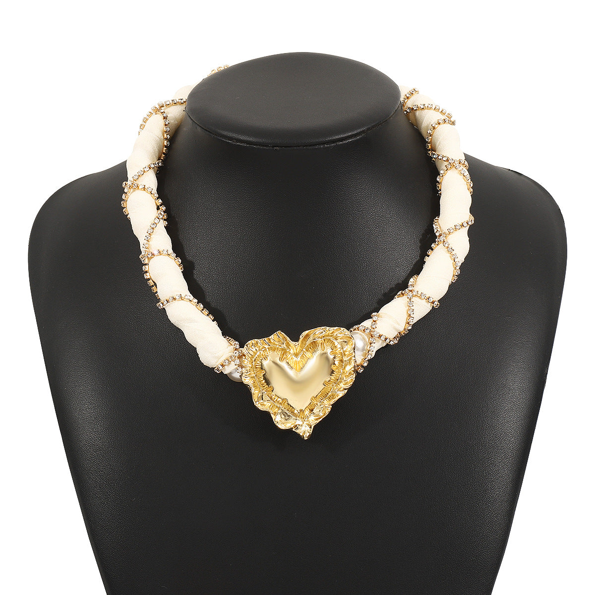 European and American New Retro Diamond-encrusted Love Necklace Fashionable Light Luxury Woven Fabric Pearl Necklace