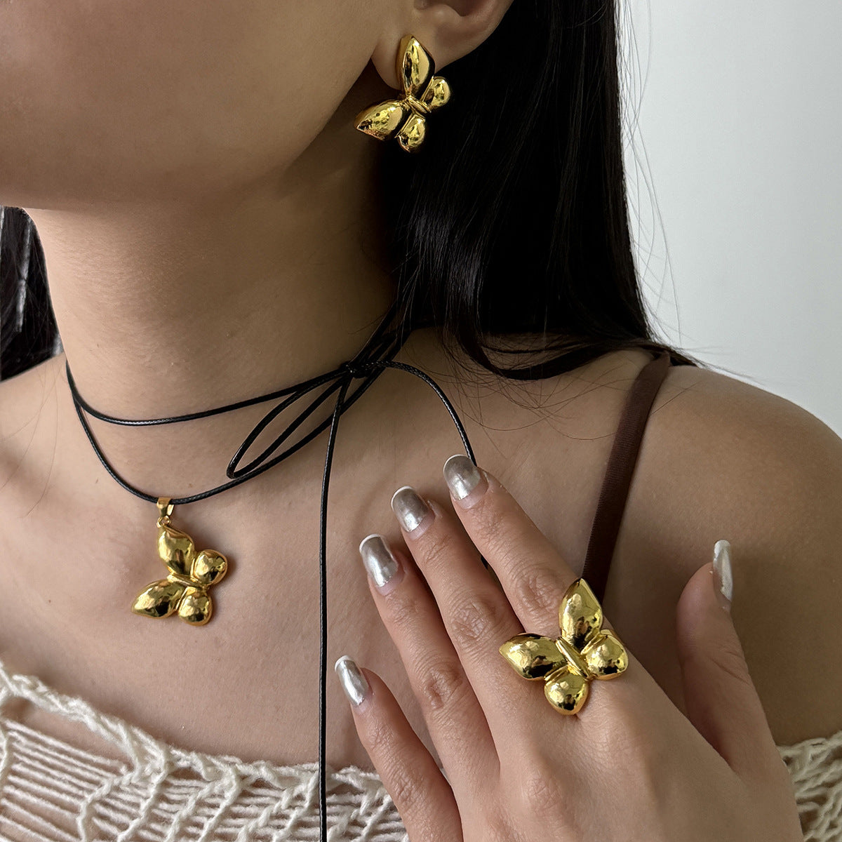 Personalized Design Retro Simple Butterfly Earrings, Temperament Fashion Alloy Ring Necklace