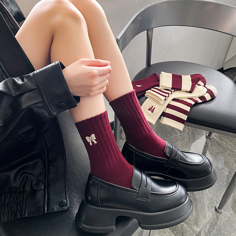 Ankola Red Socks Women's Medium Tube Socks Spring and Autumn Embroidery Bow Cotton Socks Versatile Striped Stockings Striped Women's Socks