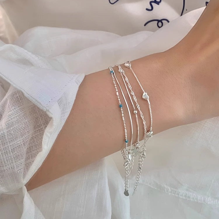 S925 Sterling Silver Star Love Blue Silver Bead Bracelet Women's Niche Design Sense Simple and Versatile Daily Bracelet Jewelry
