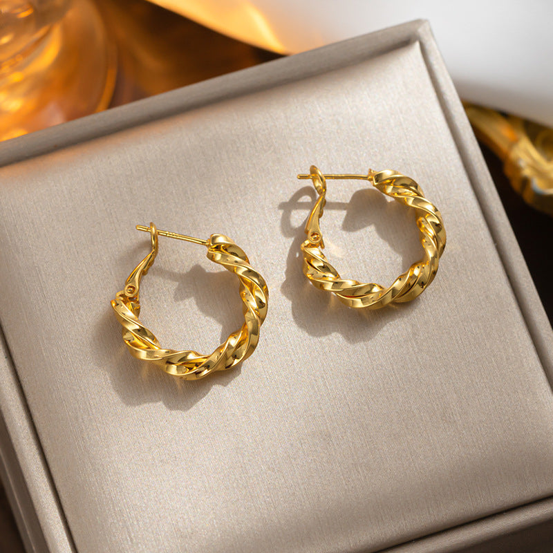 French style, elegant and small, exquisite and simple, versatile twist knot, titanium steel gold-plated, circle commuter earrings, earrings for women