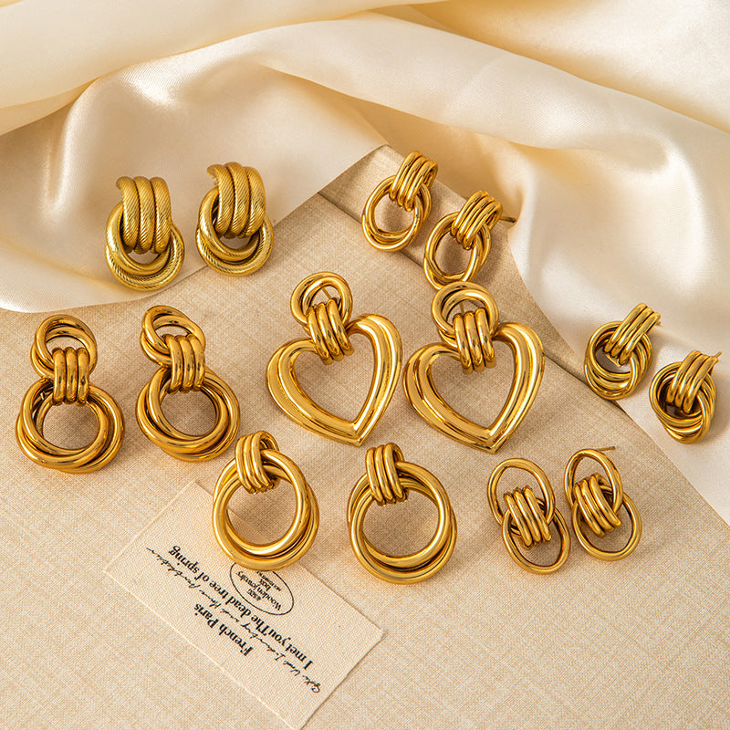 Exaggerated Titanium Steel Round Earrings Gold 18K Gold Light Luxury Earrings Fashion High Sense Love Earrings