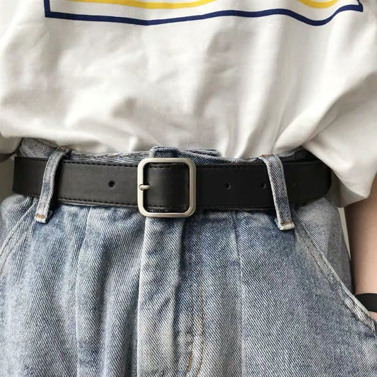 South Korea's New Belt Square Matte Silver Solid Button Head Black Belt Chic Style Wide Ladies Tide