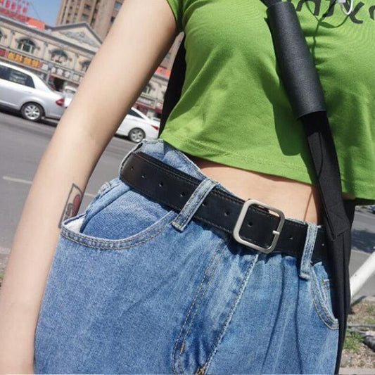 South Korea's New Belt Square Matte Silver Solid Button Head Black Belt Chic Style Wide Ladies Tide