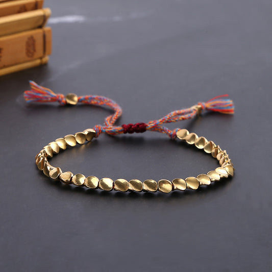 Hand Rope Winding Woven Bracelet Women's Fashion High-end Gift Can Be Pulled Special-shaped Copper Bead Fringed Woven Bracelet
