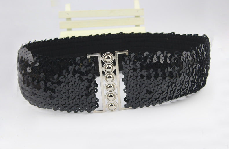 European and American Style Sequined Elastic Belt Women's Pair Buckle Belt Mirror Sequined Belt Fashion Belt