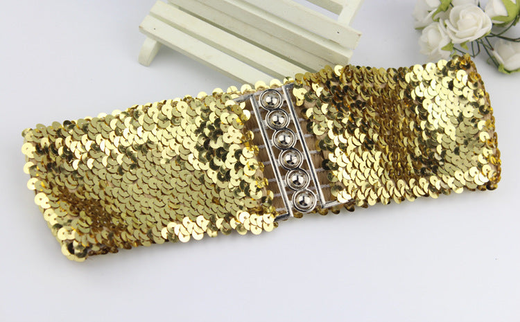 European and American Style Sequined Elastic Belt Women's Pair Buckle Belt Mirror Sequined Belt Fashion Belt